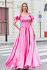 Load image into Gallery viewer, Princess A Line Square Neck Hot Pink Long Prom Dress with Puff Sleeves