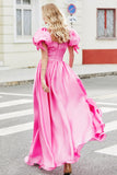 Princess A Line Square Neck Hot Pink Long Prom Dress with Puff Sleeves