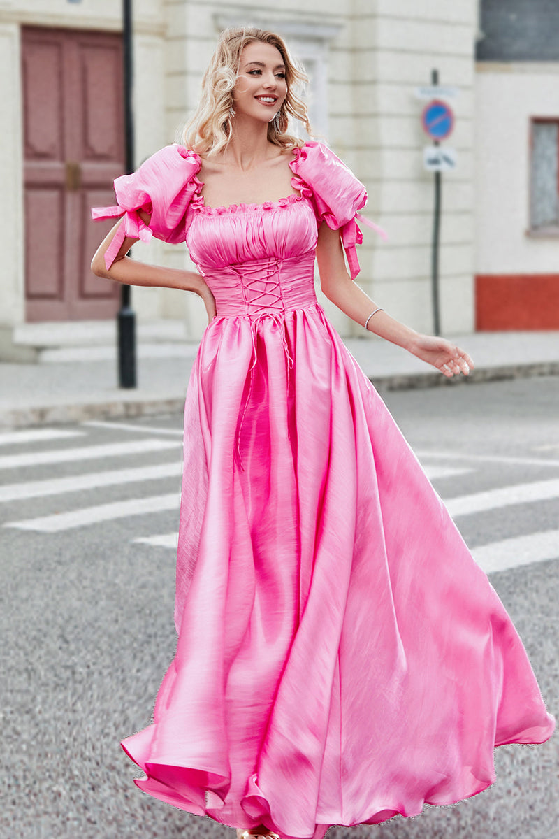 Load image into Gallery viewer, Princess A Line Square Neck Hot Pink Long Prom Dress with Puff Sleeves