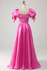 Load image into Gallery viewer, Puff Sleeves Hot Pink Prom Dress with Ruffles
