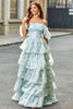 Load image into Gallery viewer, A Line Square Neck Light Blue Tiered Floral Long Prom Dress with Ruffles