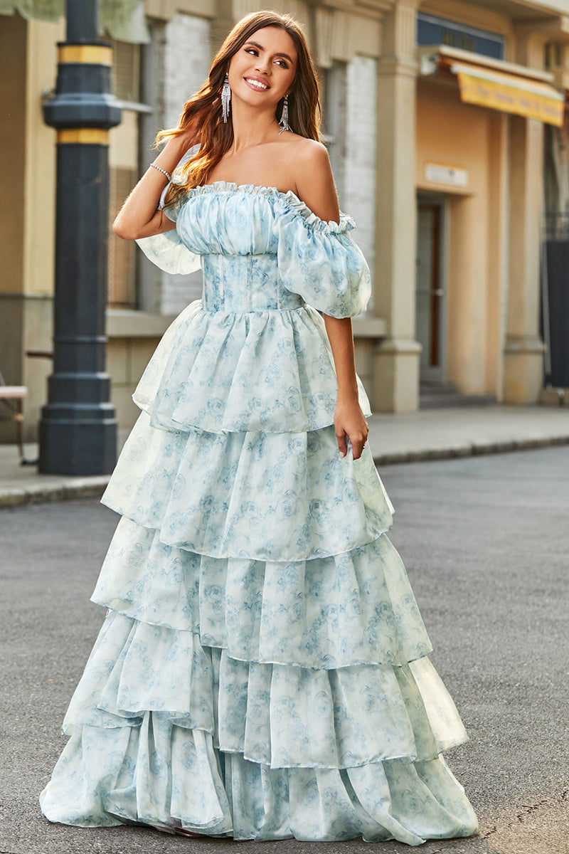 Load image into Gallery viewer, A Line Square Neck Light Blue Tiered Floral Long Prom Dress with Ruffles
