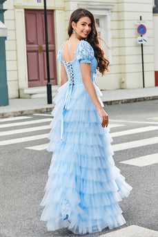 Gorgeous A Line V Neck Sky Blue Long Prom Dress with Ruffles