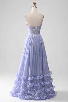 Lavender Spaghetti Straps A Line Ruffles Prom Dress with Slit