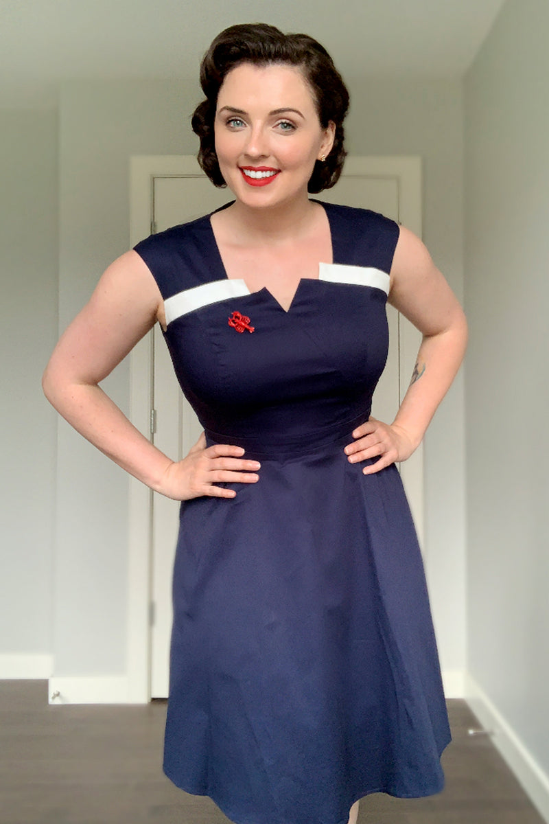 Load image into Gallery viewer, Navy Asymmetrical Neck 50s Dress