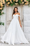 Elegant A Line Off the Shoulder Ivory Chiffon Wedding Dress with Lace