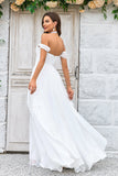 Elegant A Line Off the Shoulder Ivory Chiffon Wedding Dress with Lace