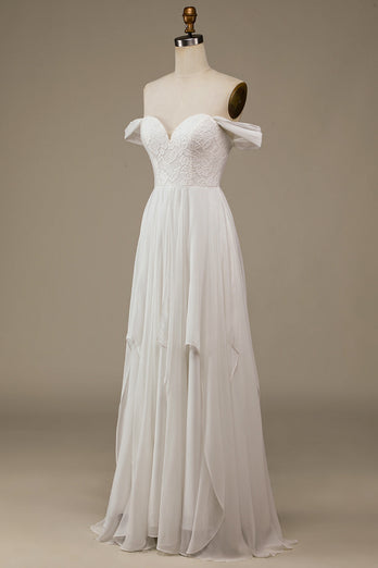 Ivory Boho Chiffon Asymmetrical Wedding Dress with Lace