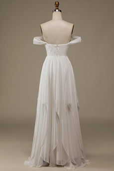 Ivory Boho Chiffon Asymmetrical Wedding Dress with Lace