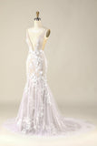 Ivory Mermaid Illusion Boat Neck Lace Wedding Dress