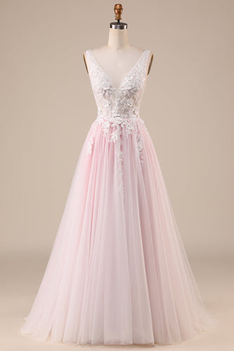 Pink A-Line Tulle Sweep Train Wedding Dress with Appliques