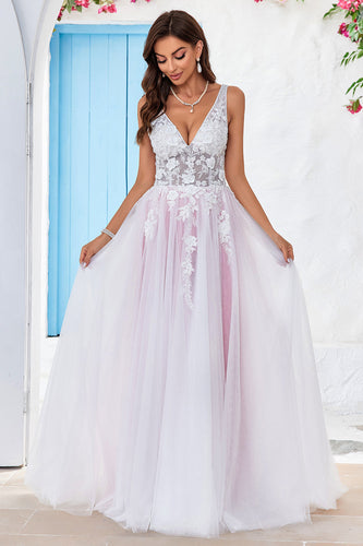 Charming A Line V-Neck Pink Tulle Sweep Train Wedding Dress with Appliques