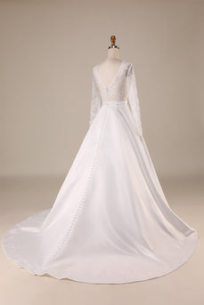 Ivory Satin Sweep Train Long Sleeves Wedding Dress