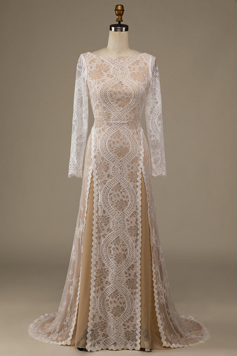 Load image into Gallery viewer, Champagne Long Sleeves Lace Sweep Train Wedding Dress
