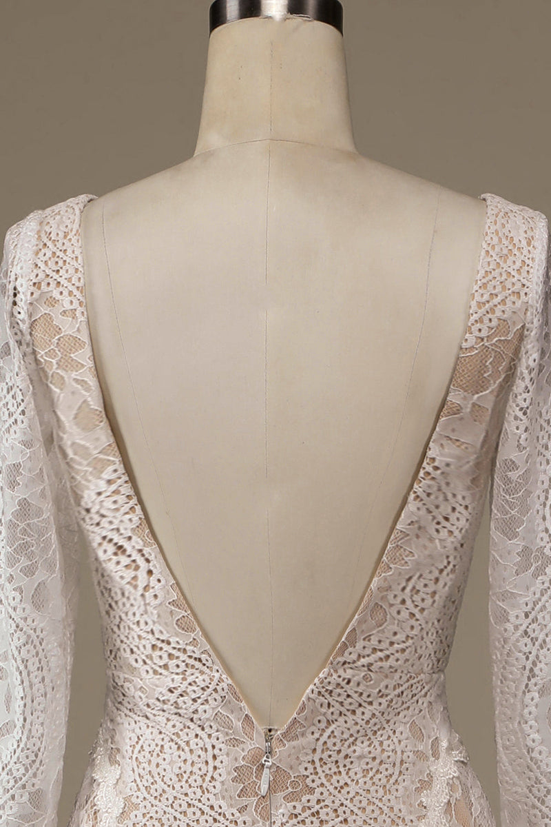 Load image into Gallery viewer, Champagne Long Sleeves Lace Sweep Train Wedding Dress