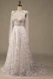 Ivory V-Neck Lace A-Line Wedding Dress with Bowknot