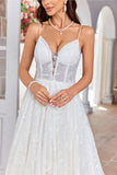 Charming A Line Spaghetti Straps Apricot Long Wedding Dress with Sweep Train