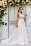 Gorgeous A Line Deep V Neck Champagne Tulle Wedding Dress with Lace