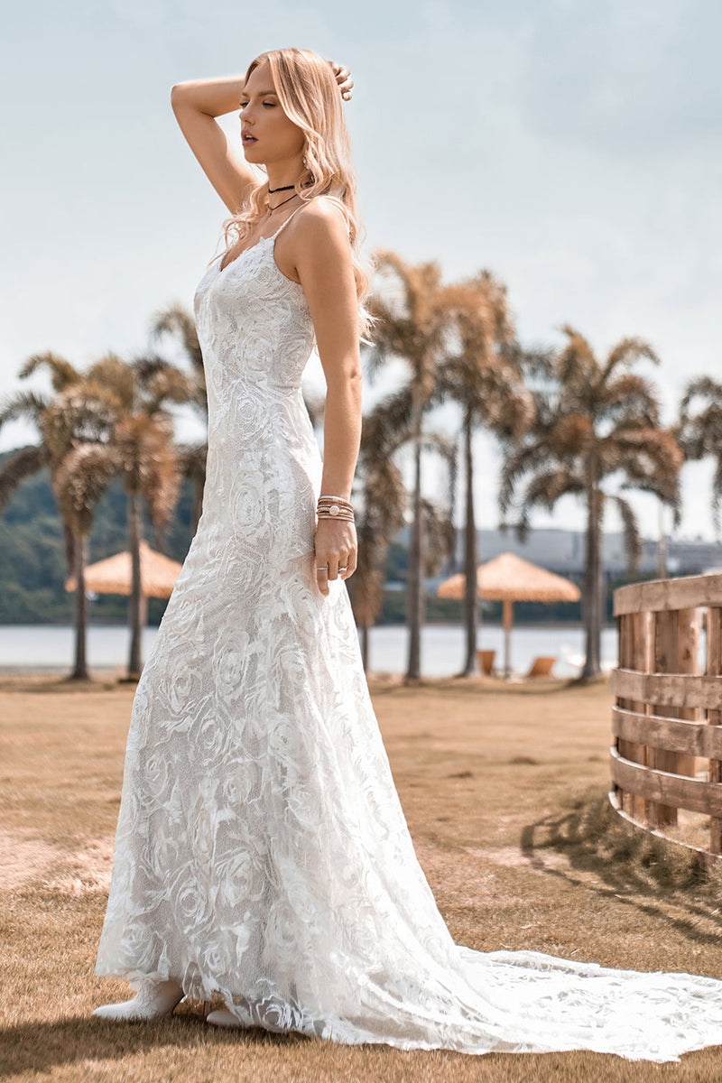 Load image into Gallery viewer, Charming Mermaid Spaghetti Straps Lace Ivory Wedding Dress with Sweep Train