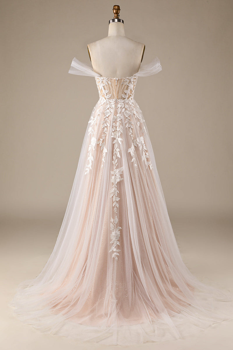 Load image into Gallery viewer, Champagne Tulle Detachable Off the Shoulder Wedding Dress with Lace