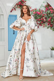 Ivory Floral Satin Chapel Train Wedding Dress