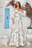 Ivory Floral Satin Chapel Train Wedding Dress