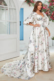 Ivory Floral Satin Chapel Train Wedding Dress
