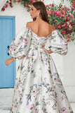Ivory Floral Satin Chapel Train Wedding Dress