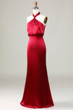 Mermaid Halter Sleeveless Burgundy Bridesmaid Dress