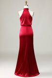 Mermaid Halter Sleeveless Burgundy Bridesmaid Dress