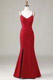 Spaghetti Straps Sleeveless Burgundy Bridesmaid Dress with Slit