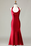 Halter Sleeveless Burgundy Long Bridesmaid Dress with Slit