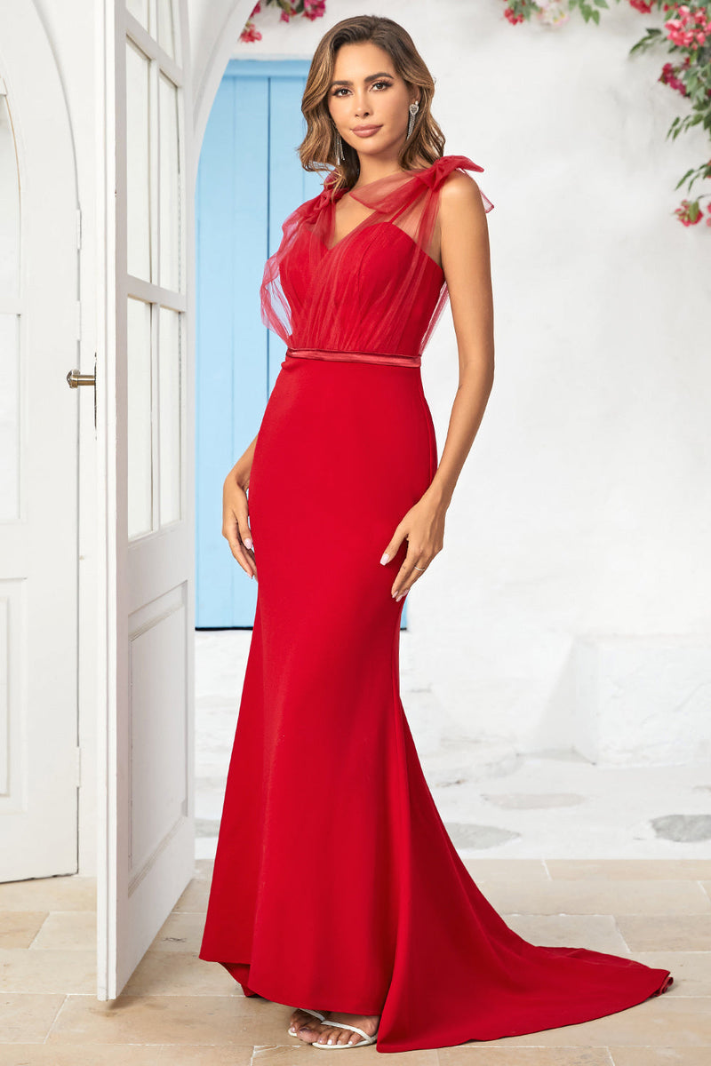 Load image into Gallery viewer, Mermaid V Neck Burgundy Long Bridesmaid Dress with Train