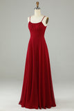 A-Line Spaghetti Straps Burgundy Long Bridesmaid Dress