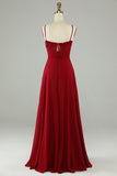 A-Line Spaghetti Straps Burgundy Long Bridesmaid Dress