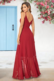 Simple A Line Spaghetti Straps Burgundy Long Bridesmaid Dress with Ruffles