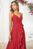 Simple A Line Spaghetti Straps Burgundy Long Bridesmaid Dress with Ruffles