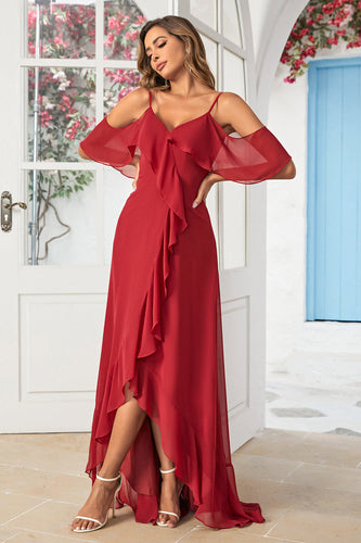 A Line Off the Shoulder Burgundy Long Bridesmaid Dress with Ruffles