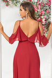 A Line Off the Shoulder Burgundy Long Bridesmaid Dress with Ruffles