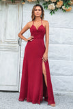 A Line Halter Burgundy Long Bridesmaid Dress with Split Front