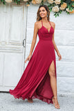 A Line Halter Burgundy Long Bridesmaid Dress with Split Front