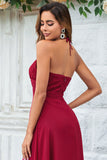 A Line Halter Burgundy Long Bridesmaid Dress with Split Front