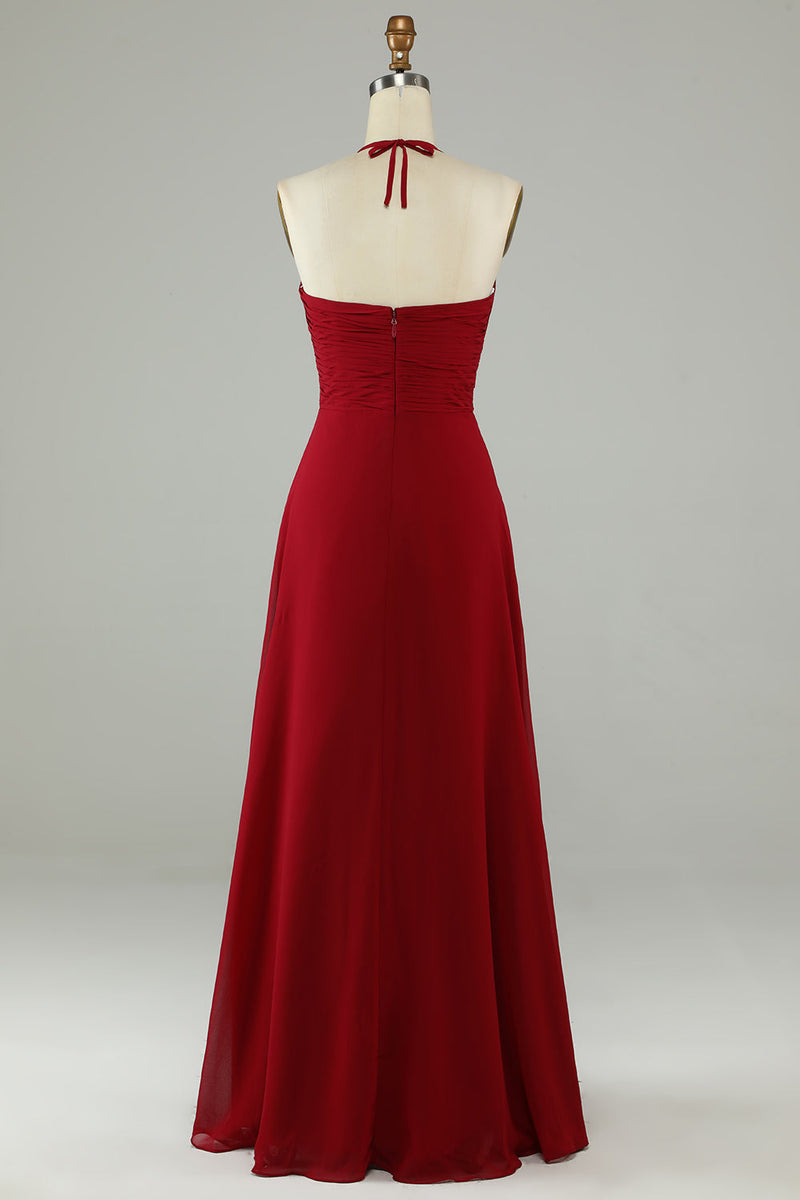 Load image into Gallery viewer, A-Line Halter Burgundy Long Bridesmaid Dress with Slit