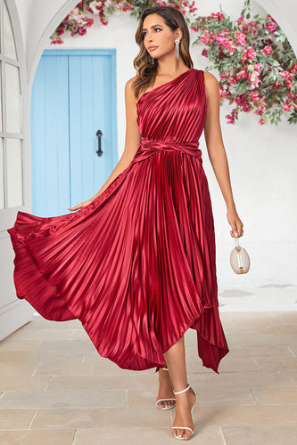 Asymmetrical One Shoulder Burgundy Tea Length Bridesmaid Dress