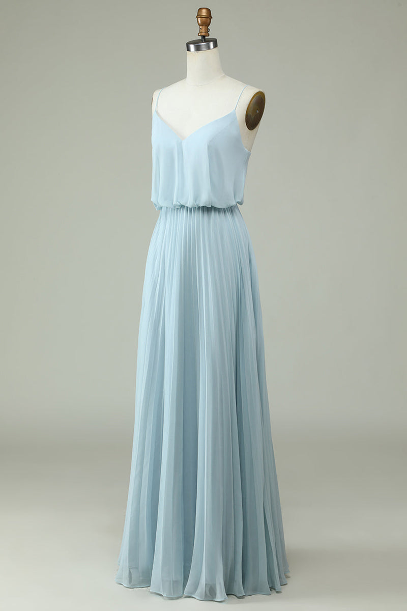 Load image into Gallery viewer, Chiffon Spaghetti Straps Sky Blue Long Bridesmaid Dress