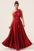 Load image into Gallery viewer, Beauty A-Line Halter Neck Burgundy Long Bridesmaid Dress with Criss Cross Back