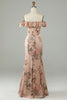 Load image into Gallery viewer, Flower Printed Off The Shoudler Blush Long Bridesmaid Dress with Slit