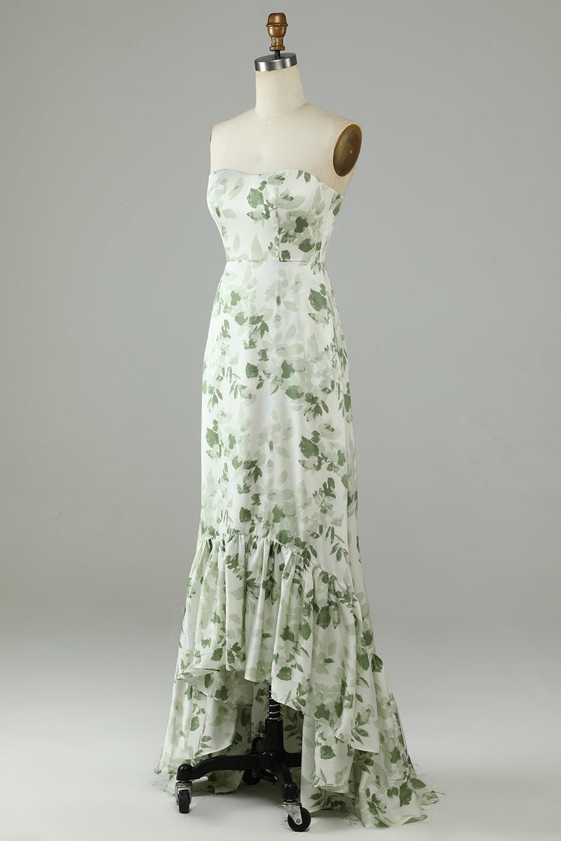 Load image into Gallery viewer, Asymmetrical Strapless Printed Green Long Bridesmaid Dress