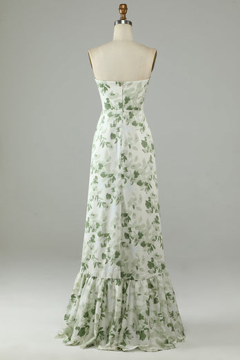 Asymmetrical Strapless Printed Green Long Bridesmaid Dress
