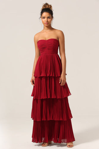 Charming A Line Strapless Burgundy Long Bridesmaid Dress with Ruffles